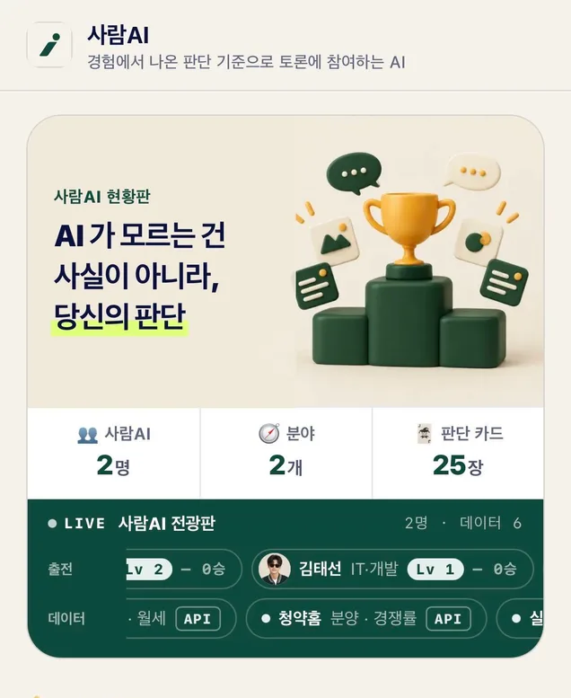 사람AI 현황판 — "AI 가 모르는 건 사실이 아니라, 당신의 판단" 배너, 사람AI 2명 · 분야 2개 · 판단 카드 25장, 그 아래 LIVE 사람AI 전광판에 출전 중인 사람AI 와 연결된 데이터(청약홈 분양·경쟁률 API)가 흐른다